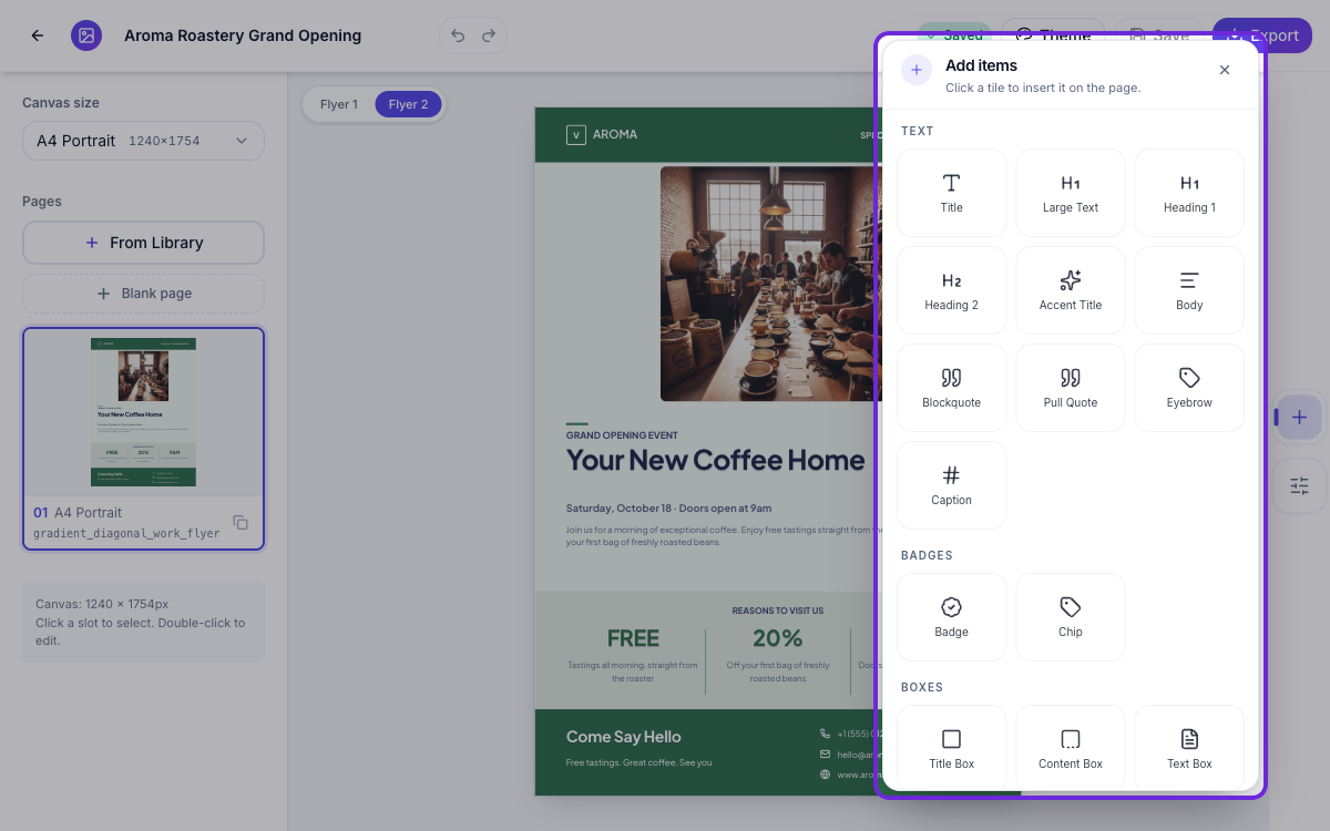 The Add items panel open with text, badge and box elements ready to insert.