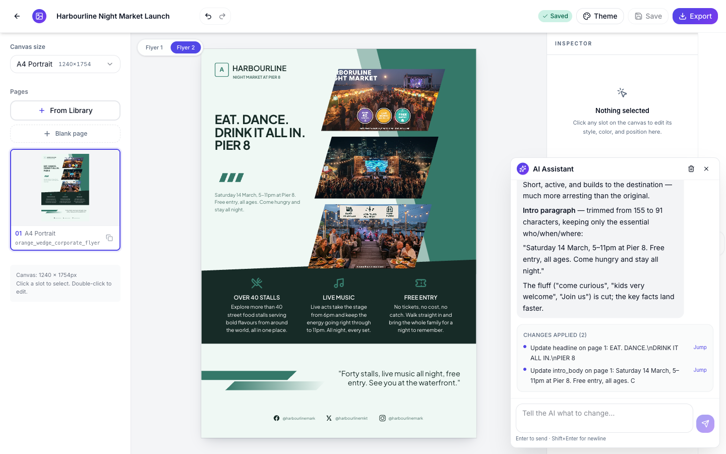 The AI assistant panel in the flyer builder, with the rewritten headline showing on the flyer behind it.