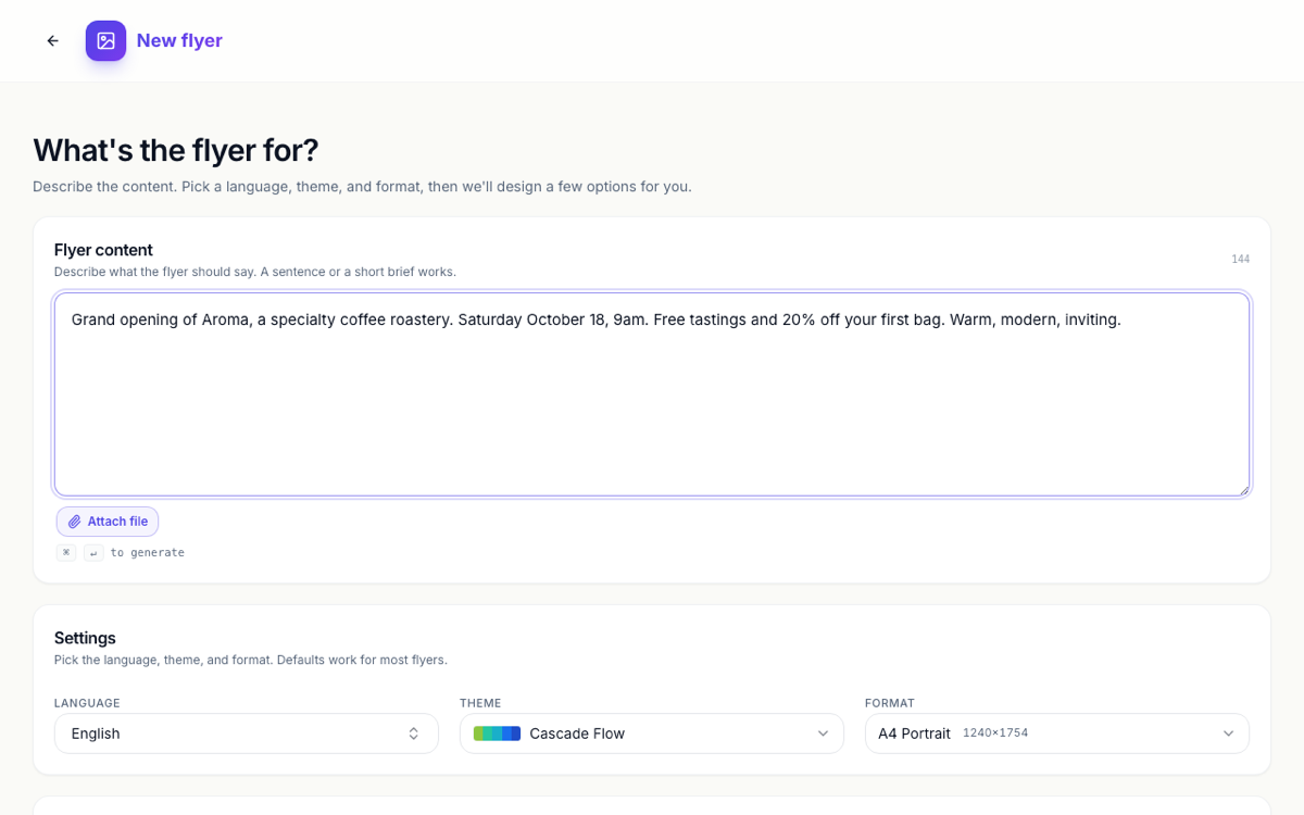 The flyer generator with a description, theme and size.