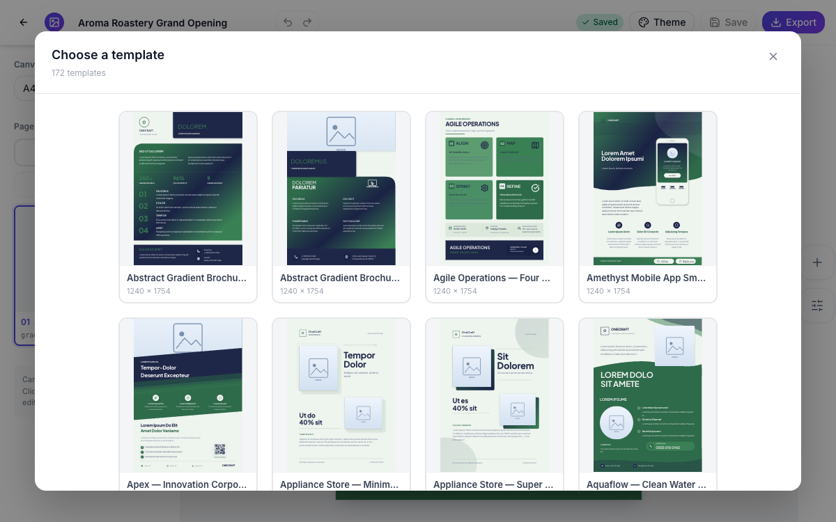 The template library open with flyer designs to choose from.