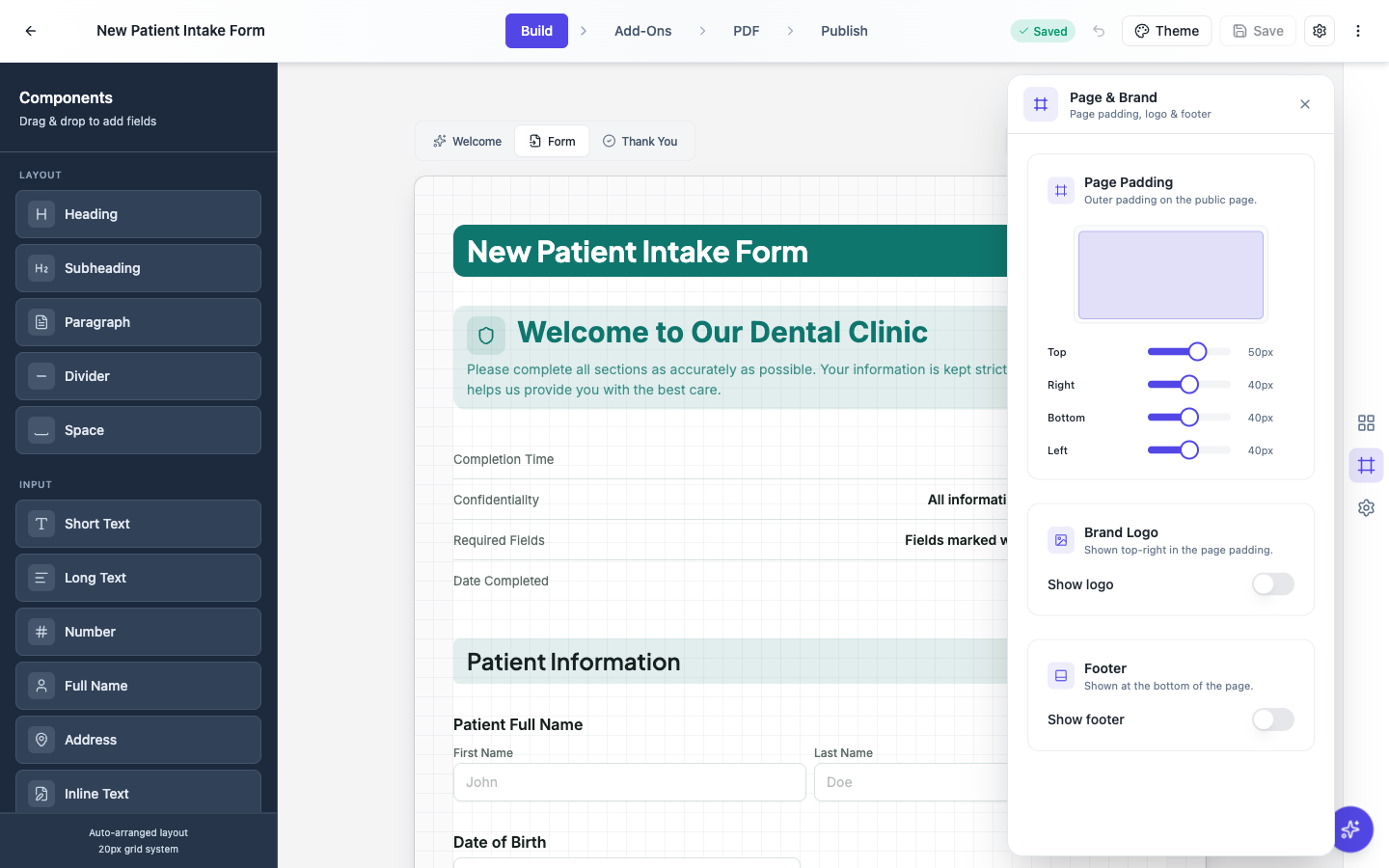 The Page and Brand panel in the form builder with the Brand Logo and Footer sections.