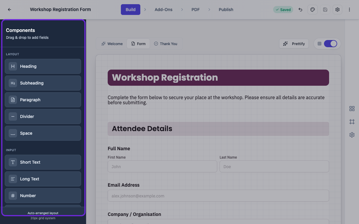 The form builder with the components panel highlighted.