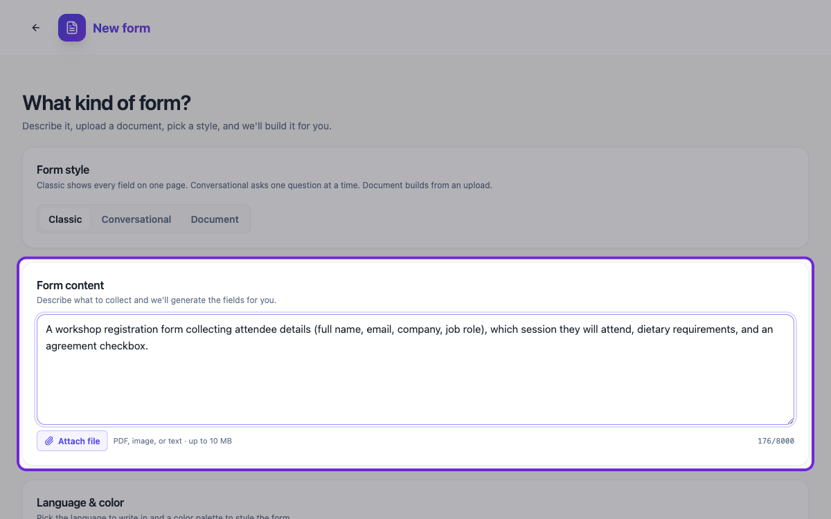 The form generator with a description typed in and the content panel highlighted.