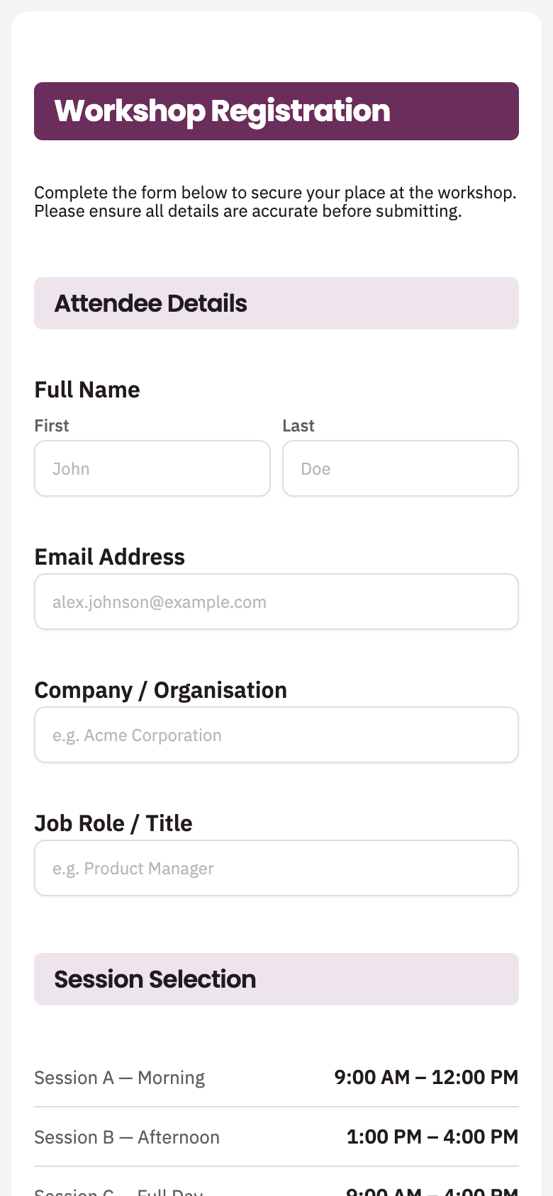 The published form on a mobile screen.