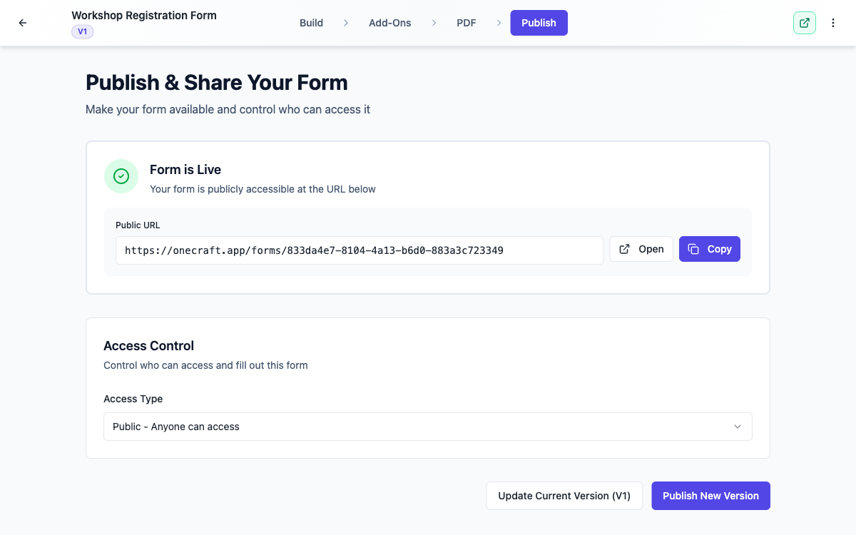 The Publish tab showing the form is live with its public URL.