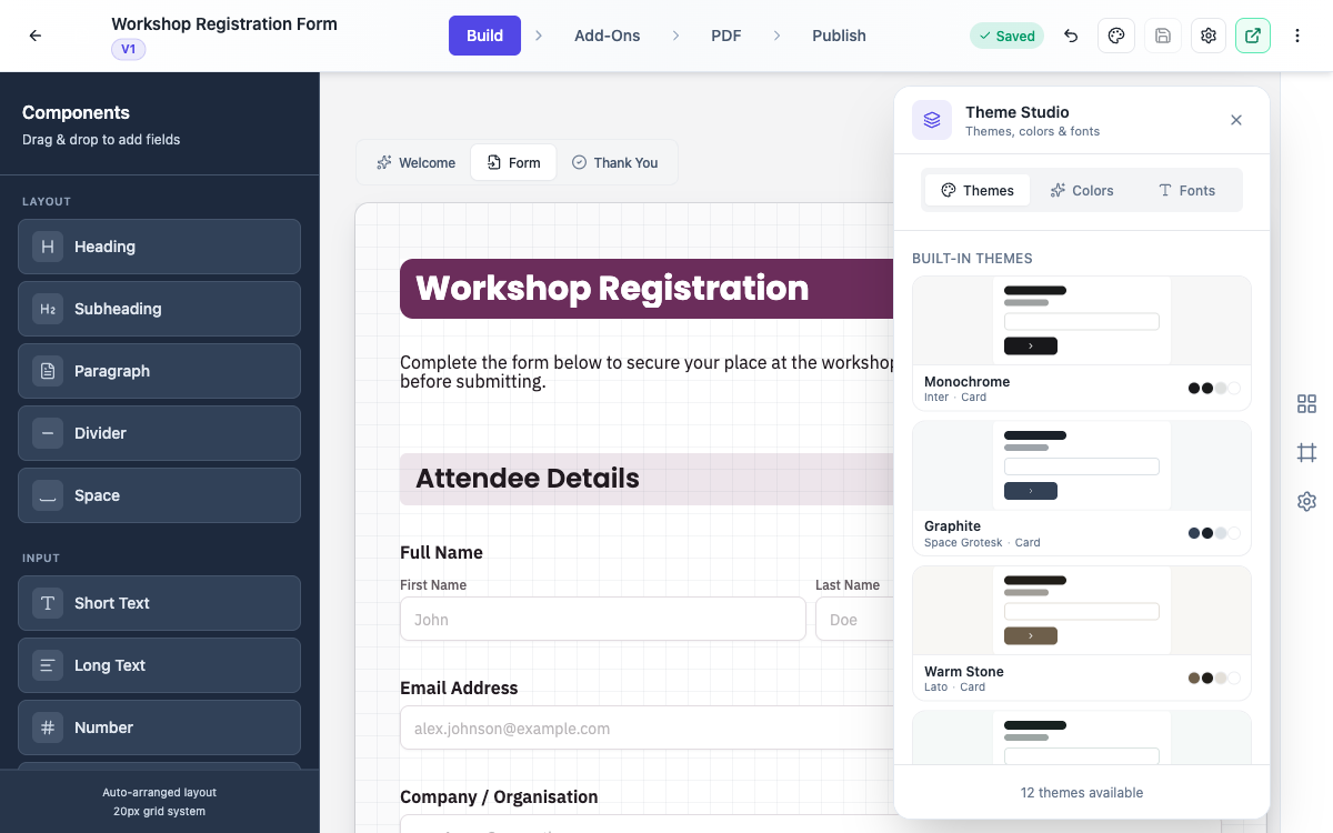 Theme Studio open with built-in themes, colours and fonts.