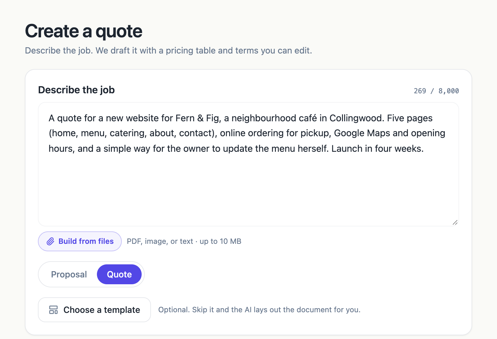 The quote generator with the job description filled in and Quote selected.