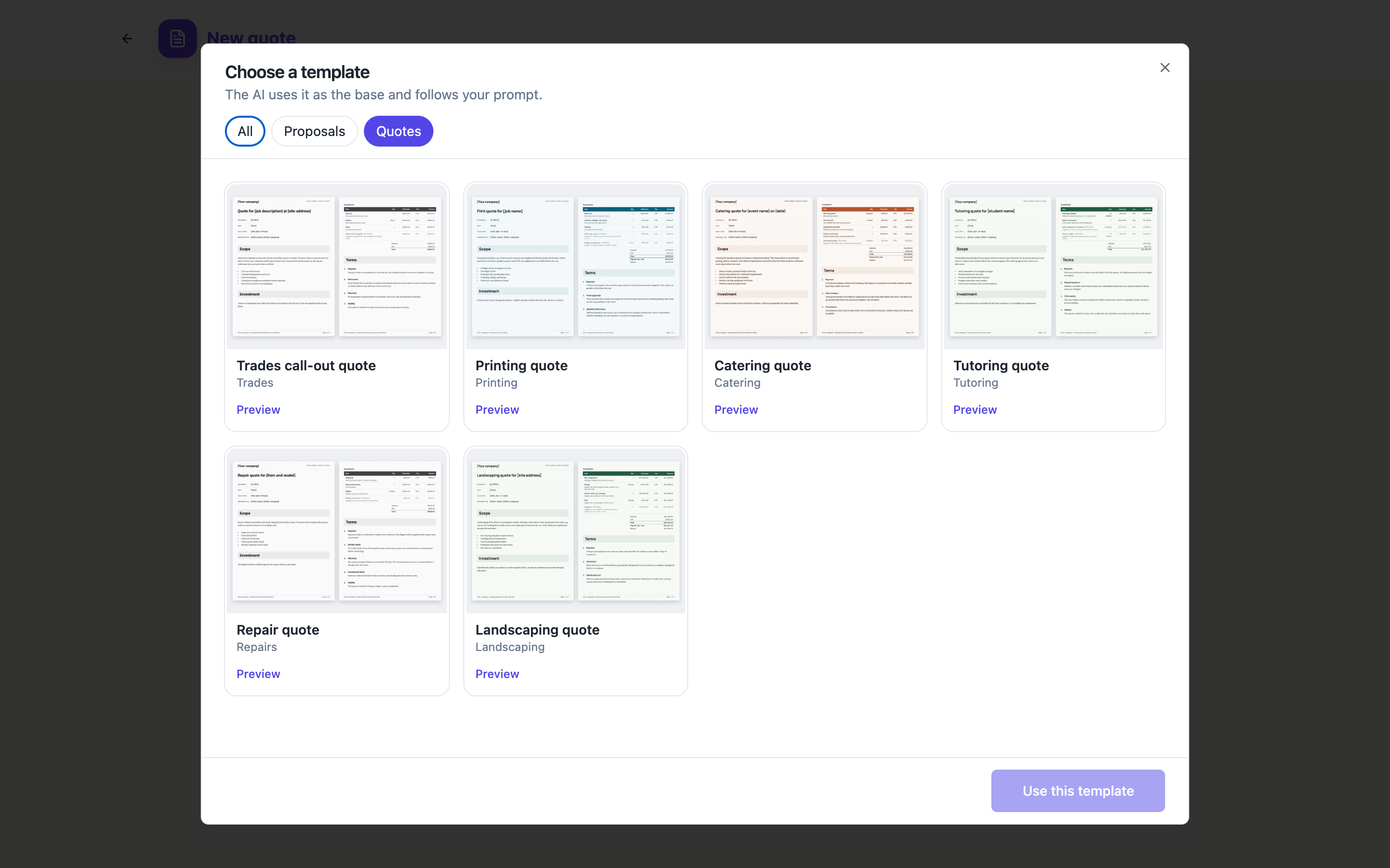 The template gallery filtered to quotes, showing six quote layouts.