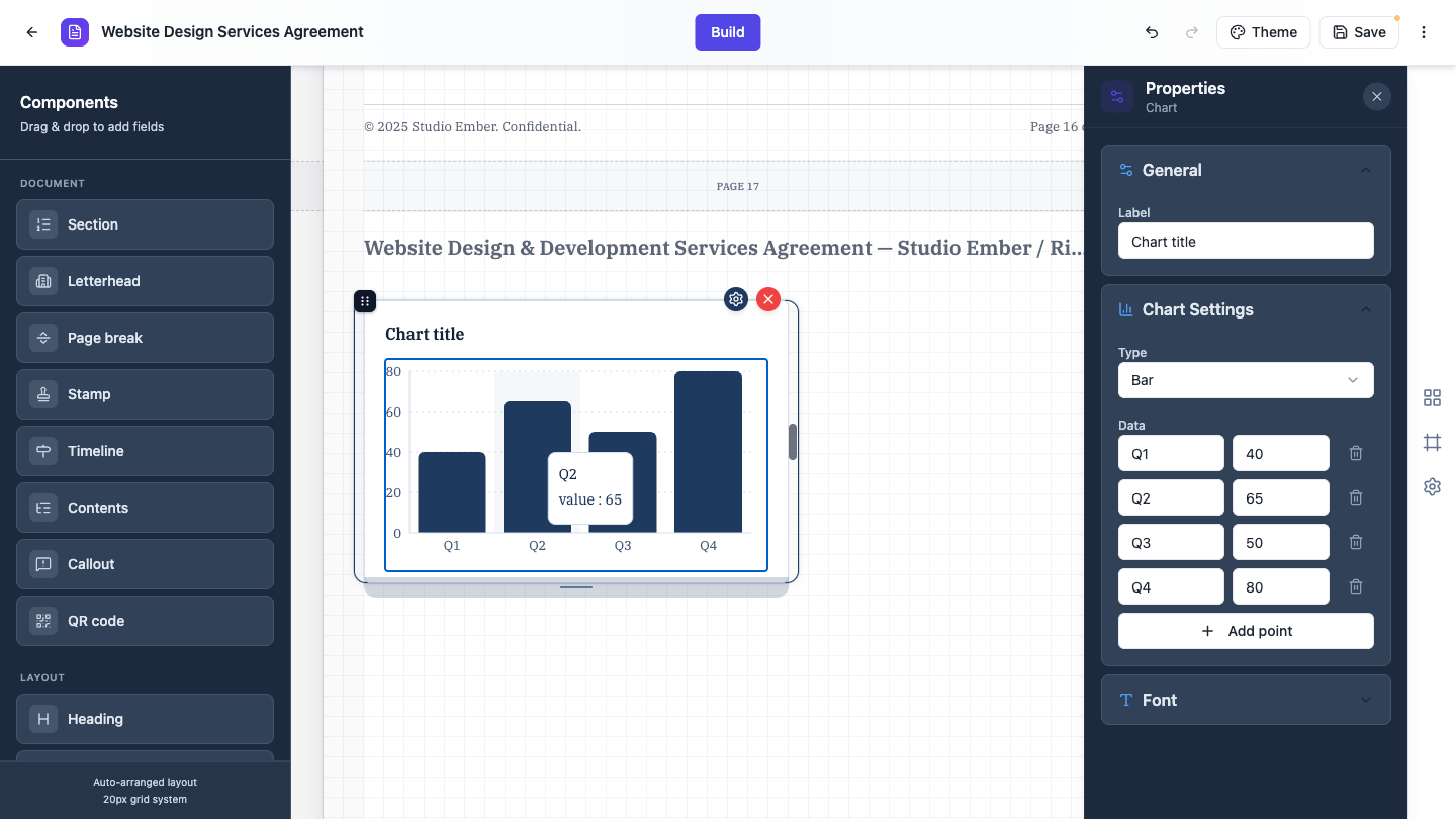 The Properties panel open on a chart, showing the type selector and the data rows.
