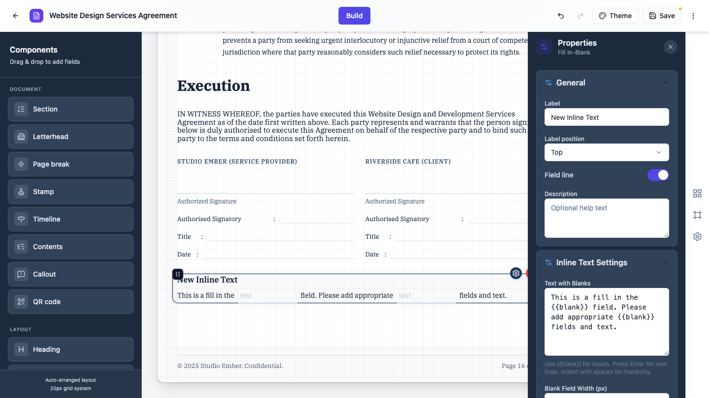 The Inline Text settings panel showing text with blank tokens, beside the rendered result on the page.