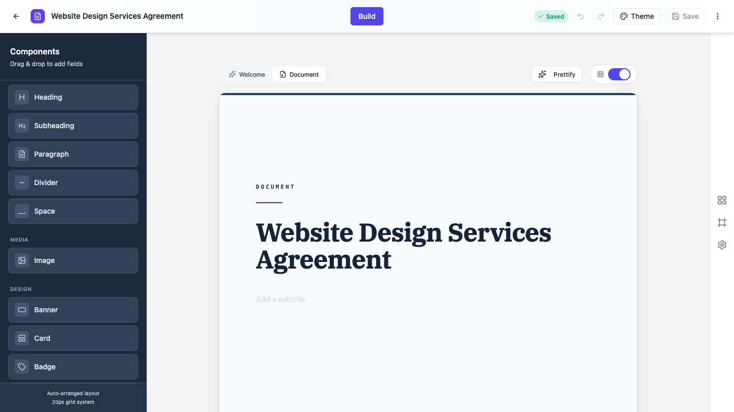 The component toolkit in the document builder showing the Layout, Media and Design categories.
