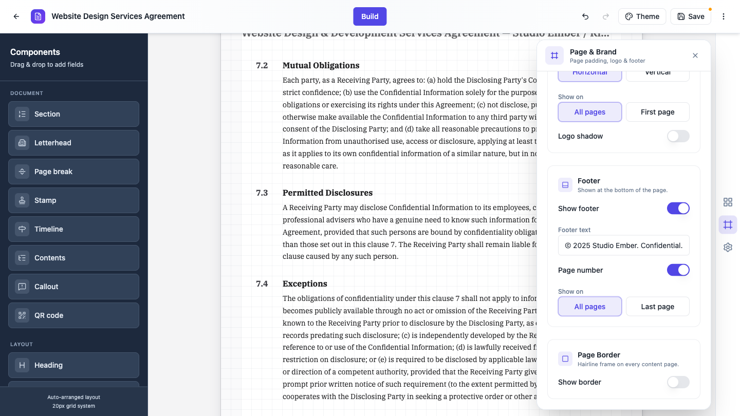 The Page and Brand panel scrolled to the footer and page border settings.