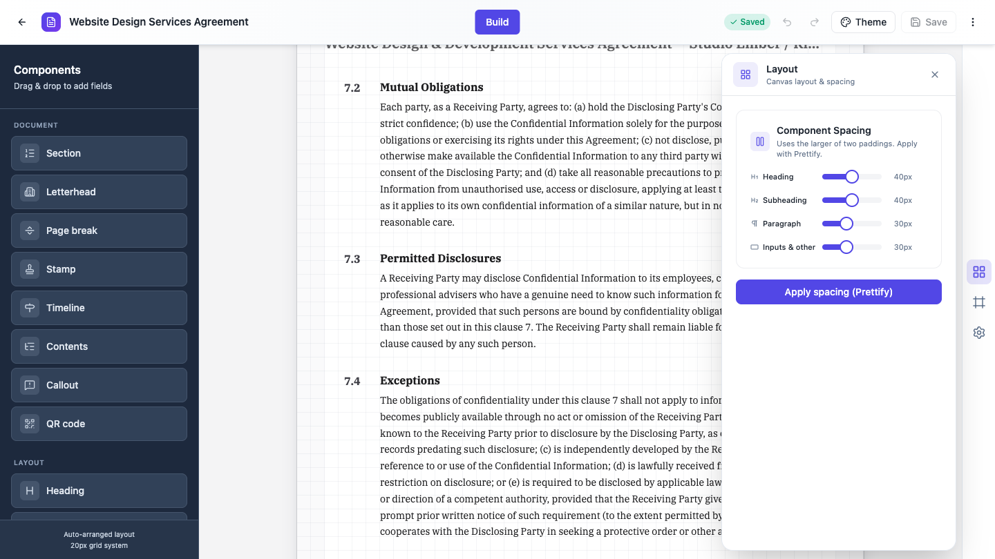 The Layout panel open in the document builder with the four component spacing sliders and the Apply spacing button.