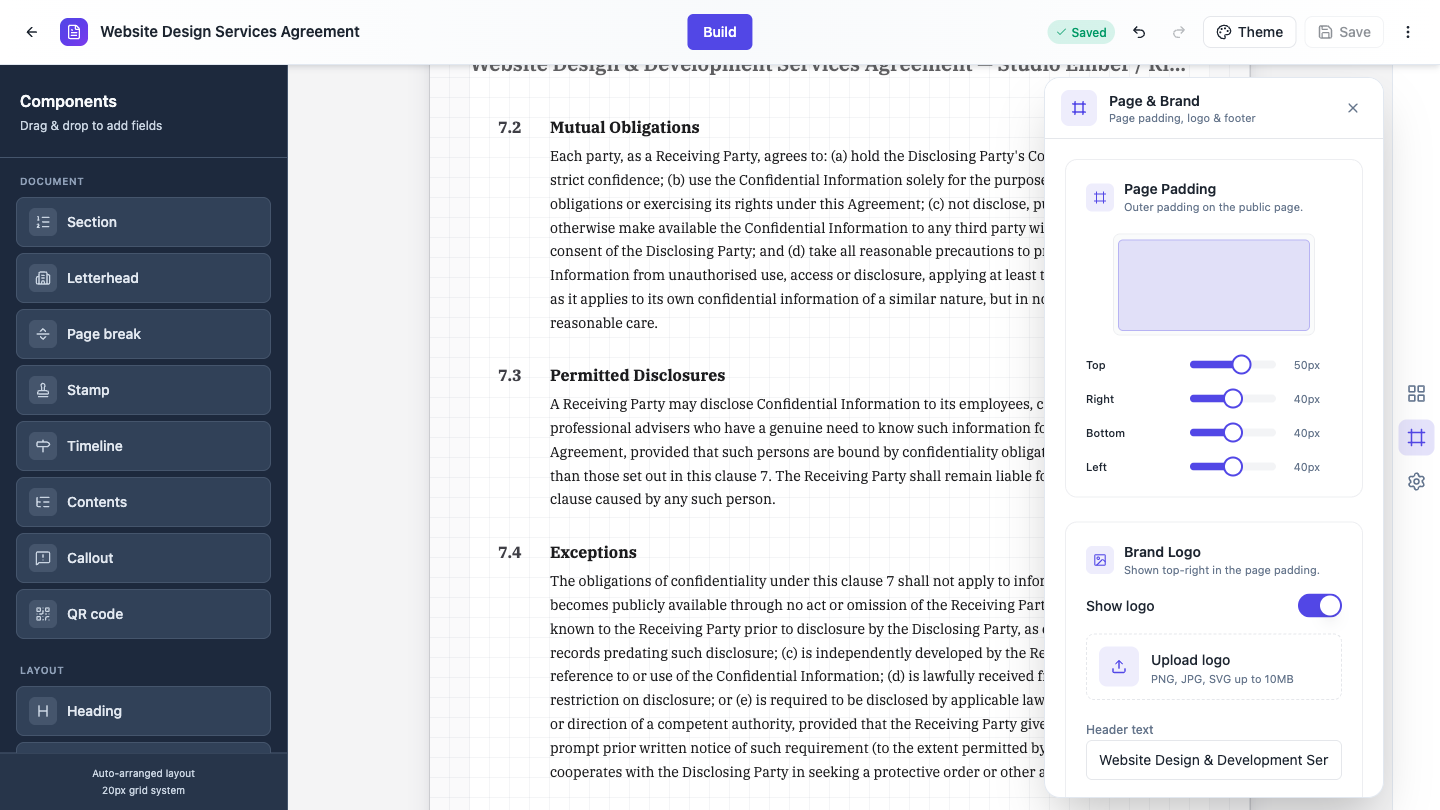 The Page and Brand panel showing the page padding diagram and the top, right, bottom and left sliders.