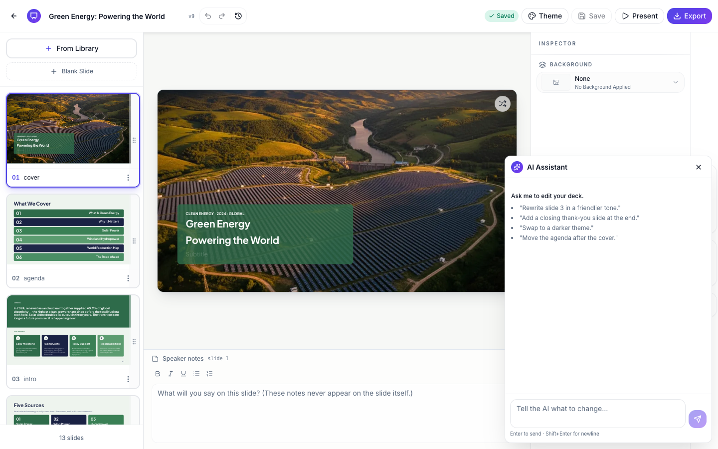 The AI assistant panel open in the slides builder with example prompts.