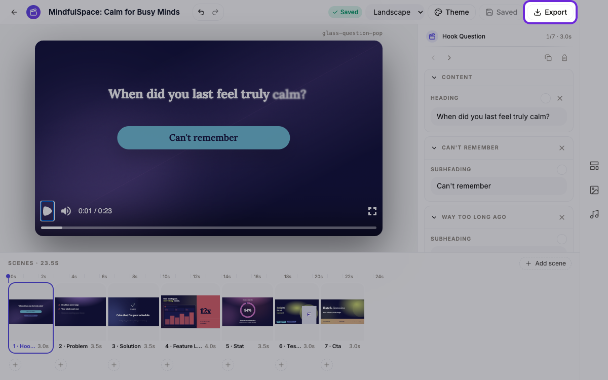 The video builder with the Export button highlighted.