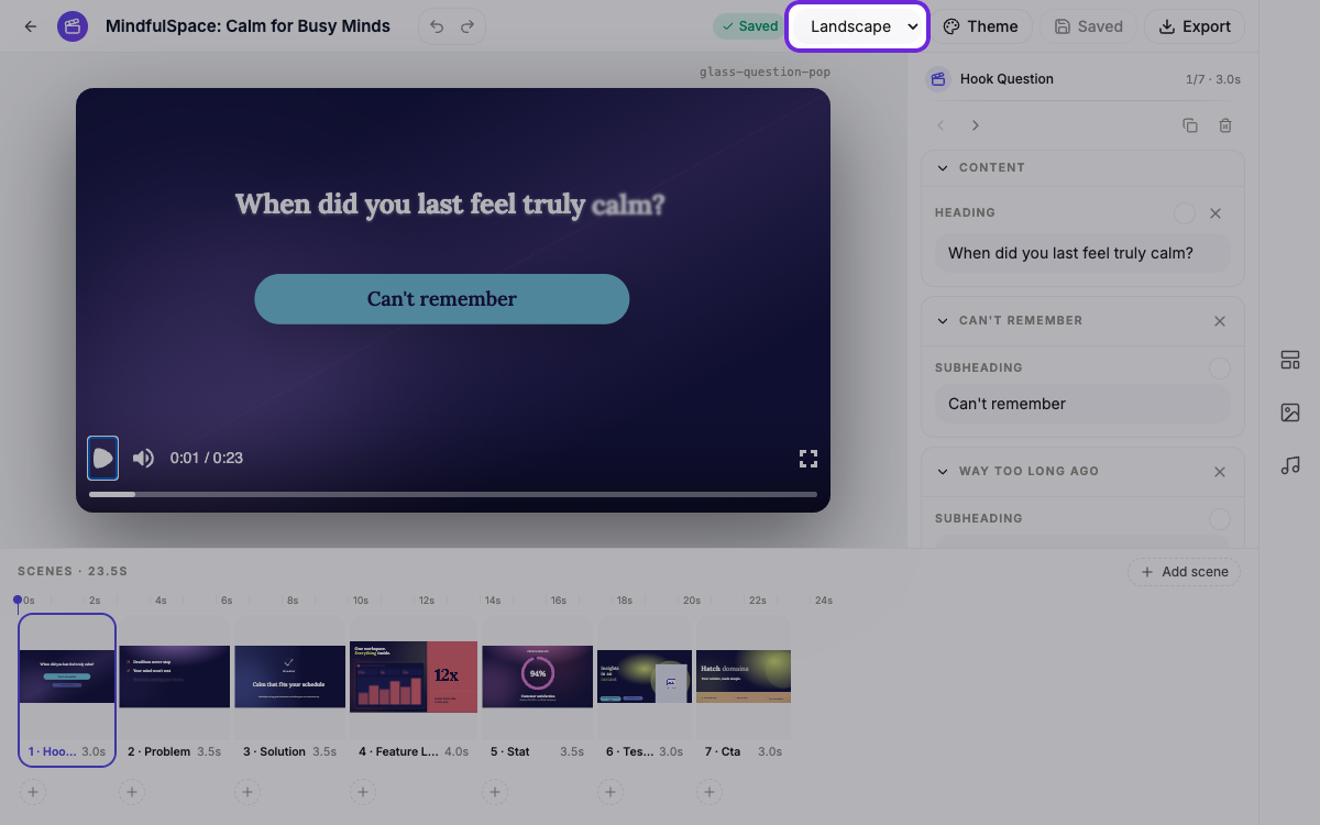 The video builder with the format dropdown highlighted in the toolbar.