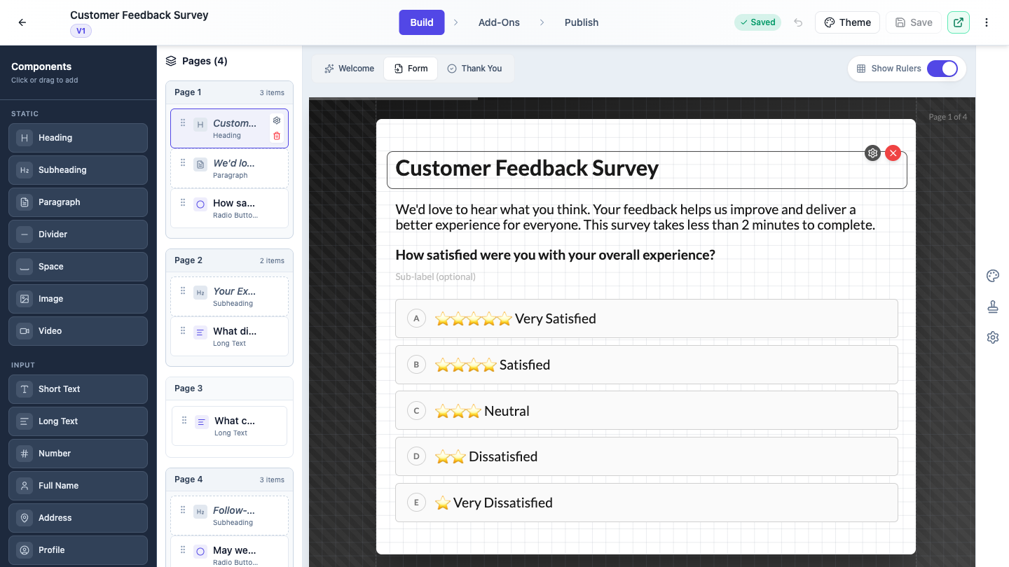 The conversational form builder with the Static and Input toolkit groups and the Pages list.