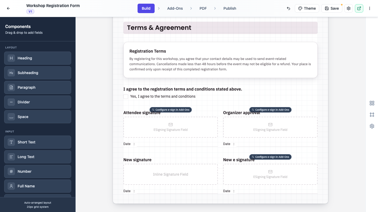 Two signing fields on a form canvas, an inline signature field and an e-signature field with its Configure e-sign in Add-Ons badge.