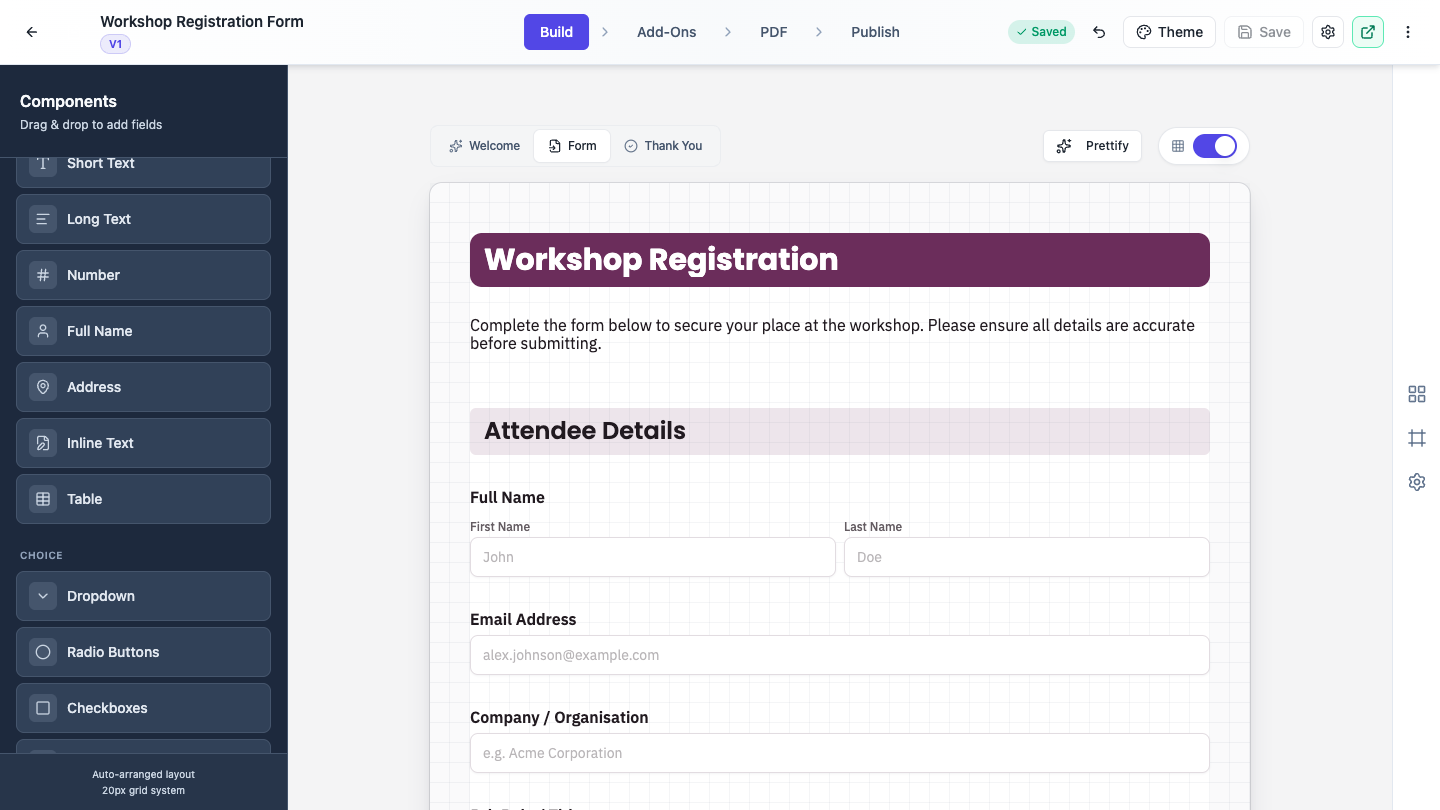 The component toolkit in the form builder showing the Input and Choice categories.