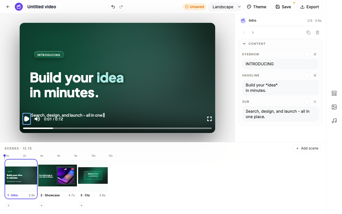 The video builder with a generated tutorial video on the timeline.