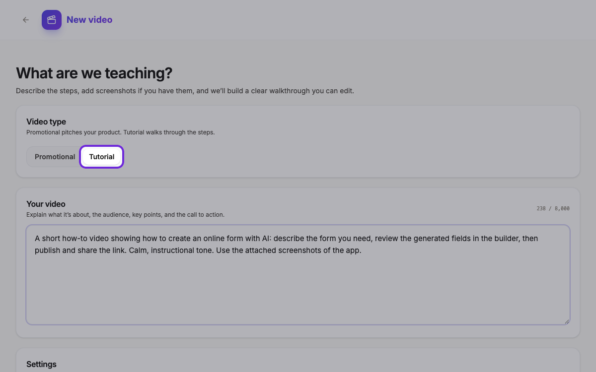 The video generator with the Tutorial type selected.