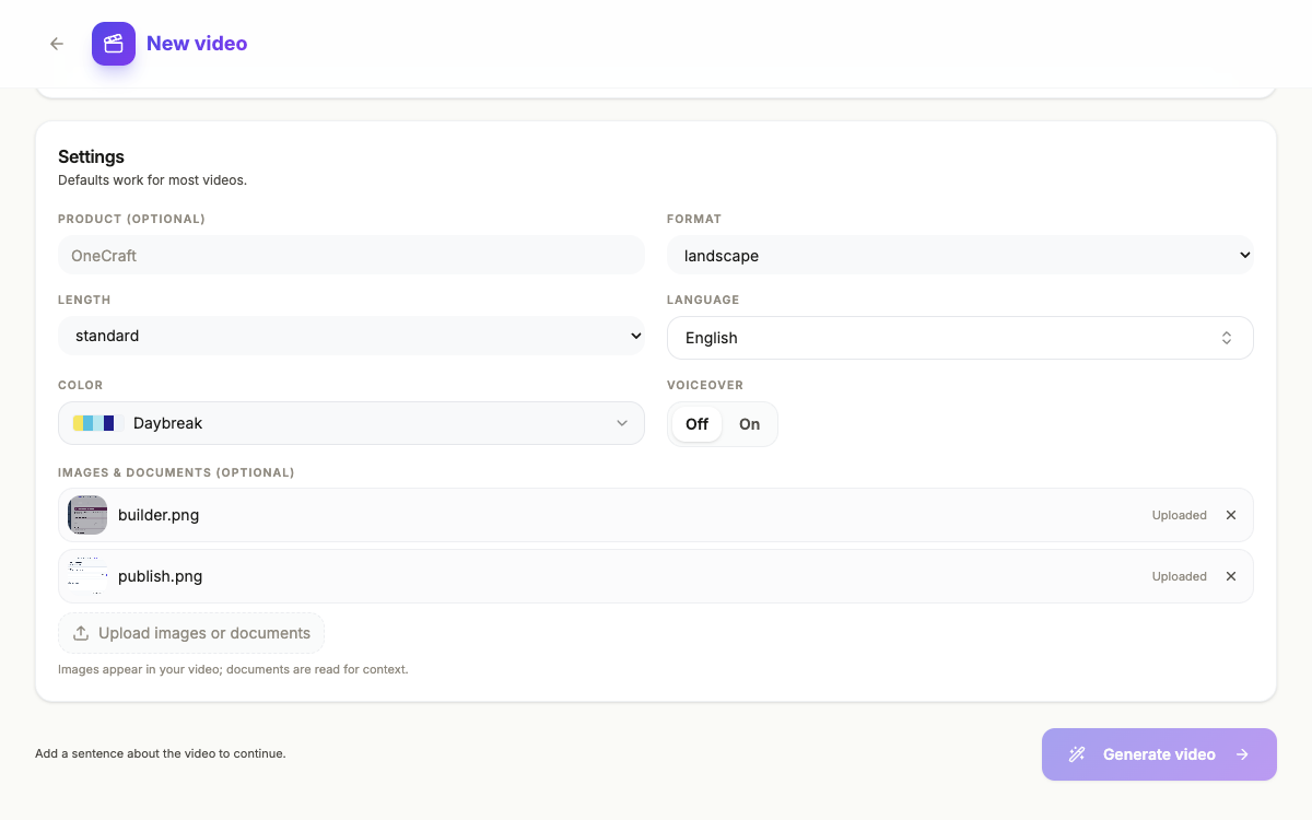 The generator settings with two screenshots uploaded.