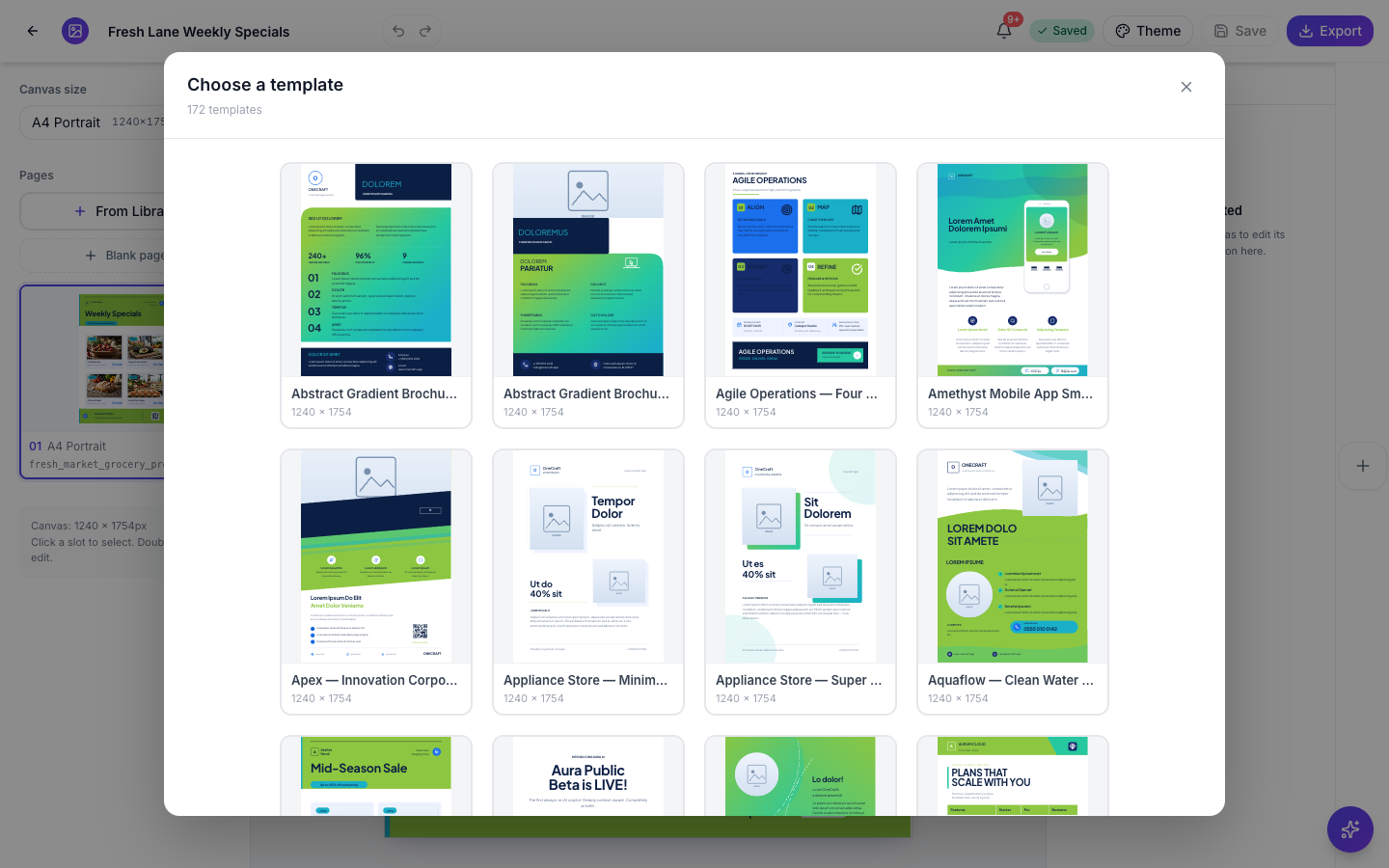 The template library open from inside the flyer builder, showing designs to add as a page.