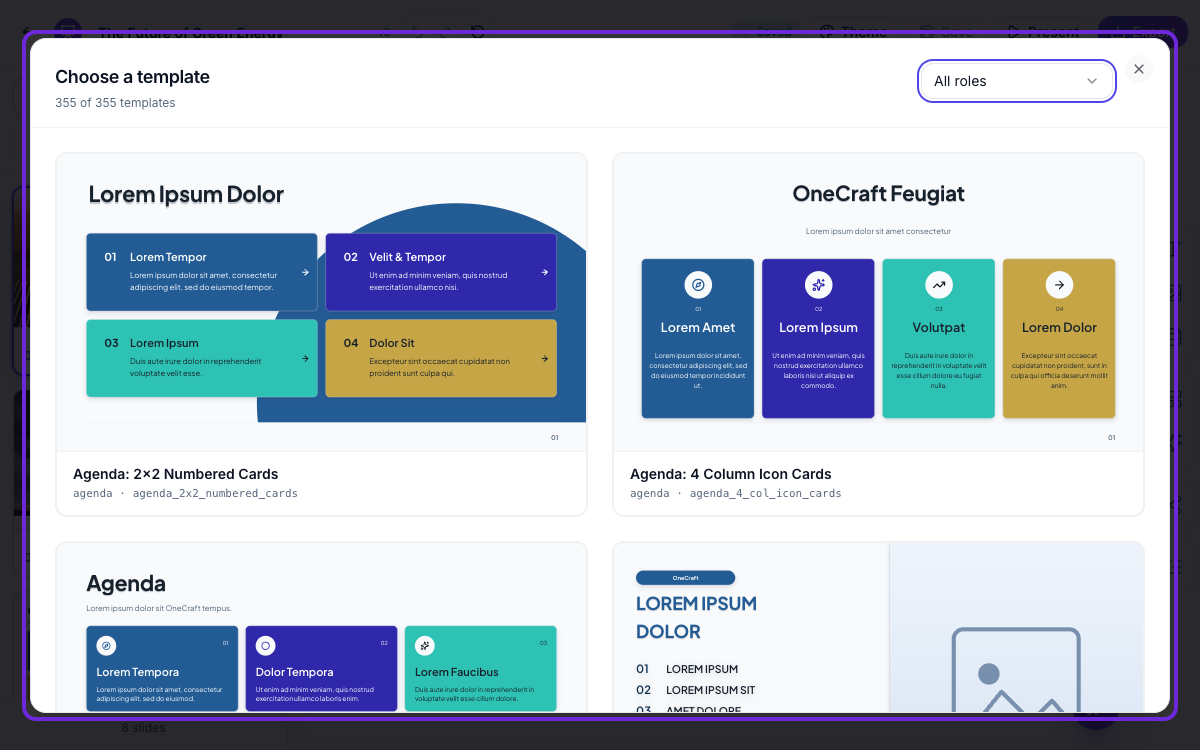 The template library open with hundreds of slide designs to choose from.