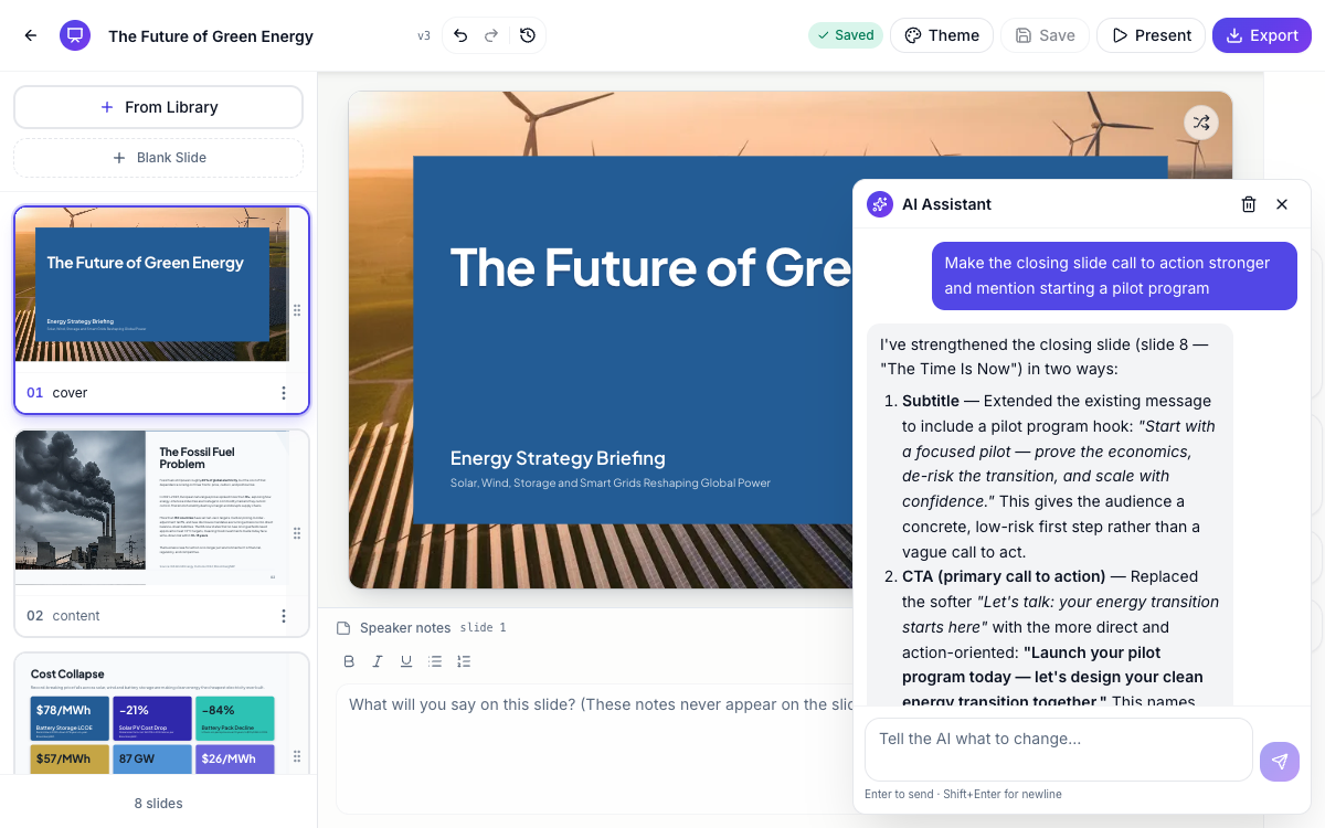 The AI assistant panel with a request and the response describing its edits.