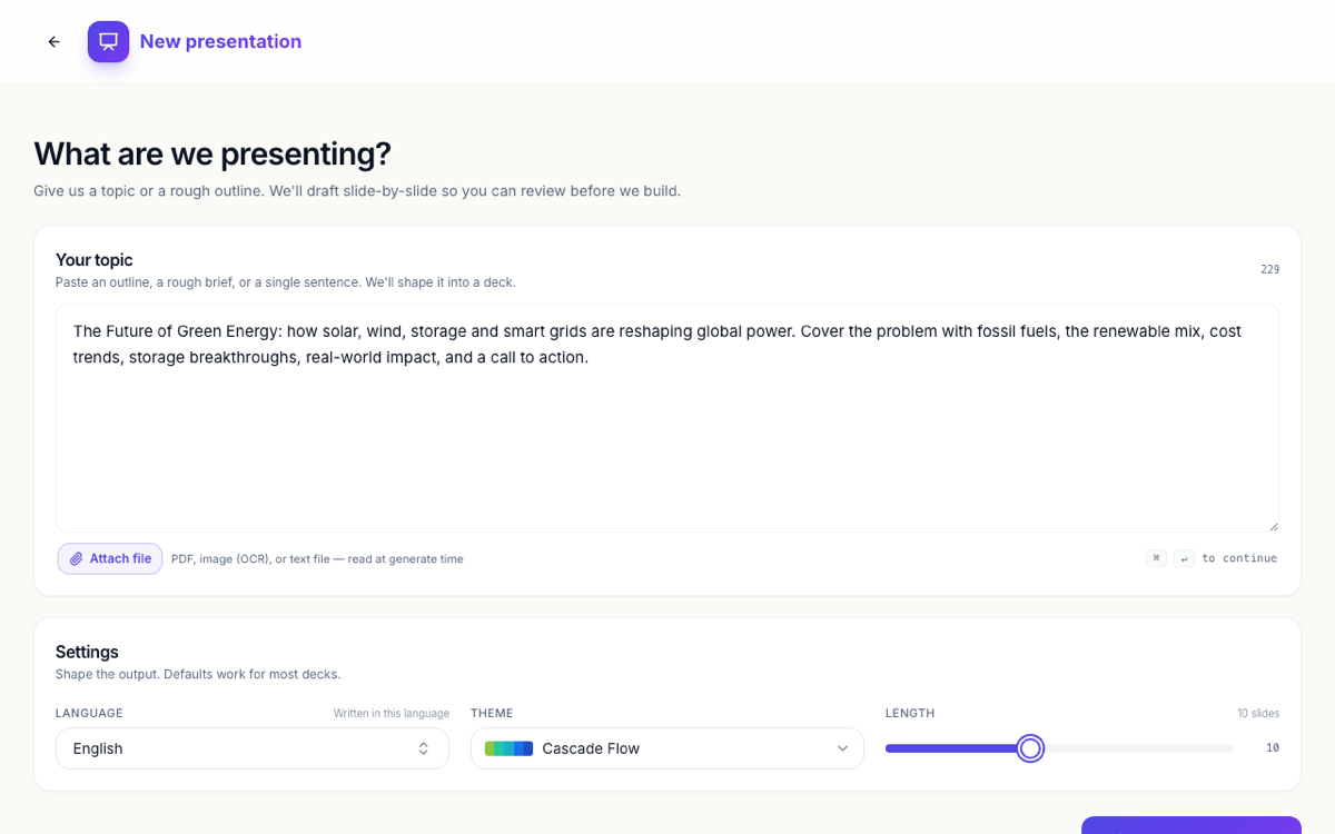 The presentation generator with a topic, language, theme and length.