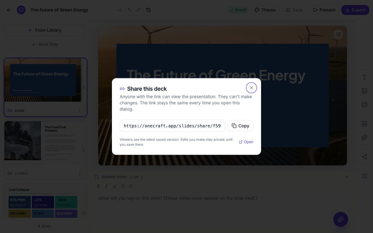 The Share this deck dialog with the public link and Copy button.