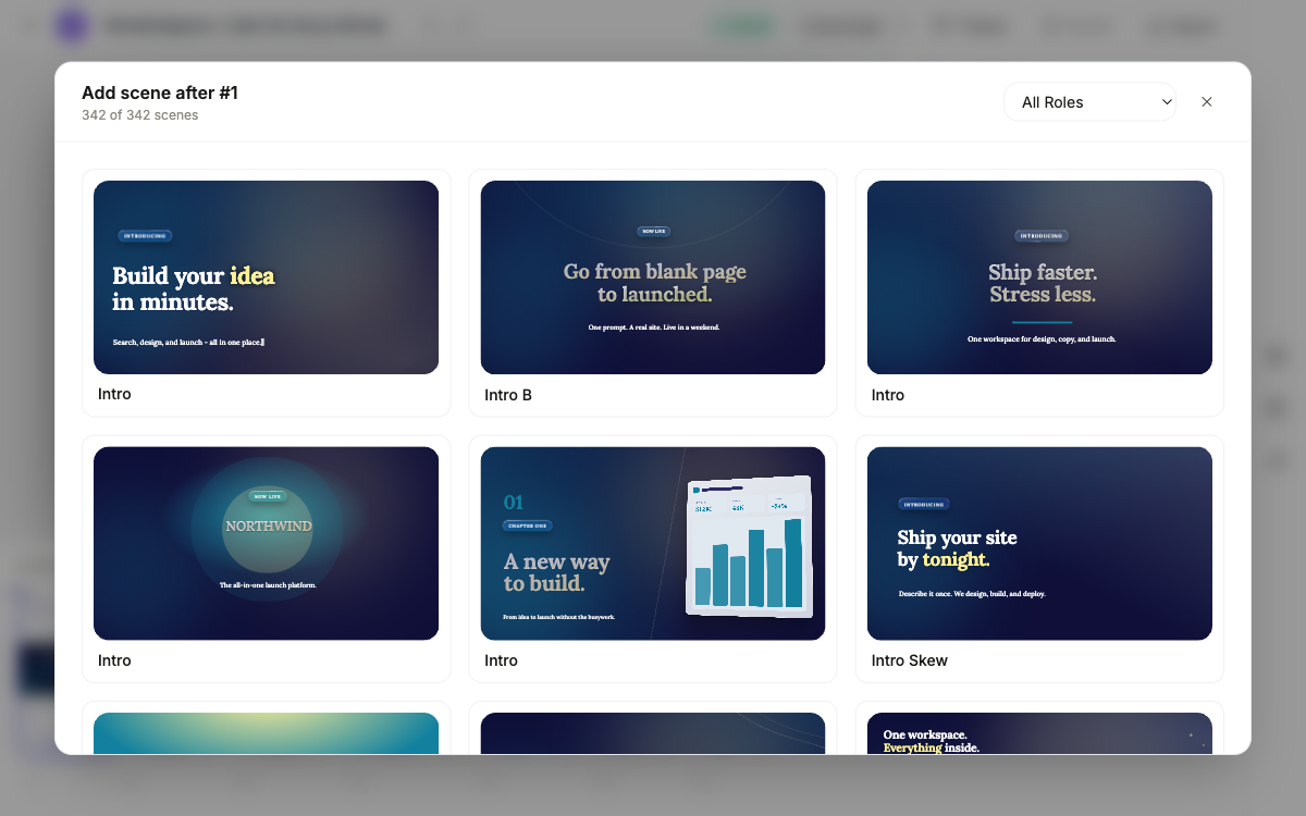 The Add scene dialog with a library of designed scene templates.