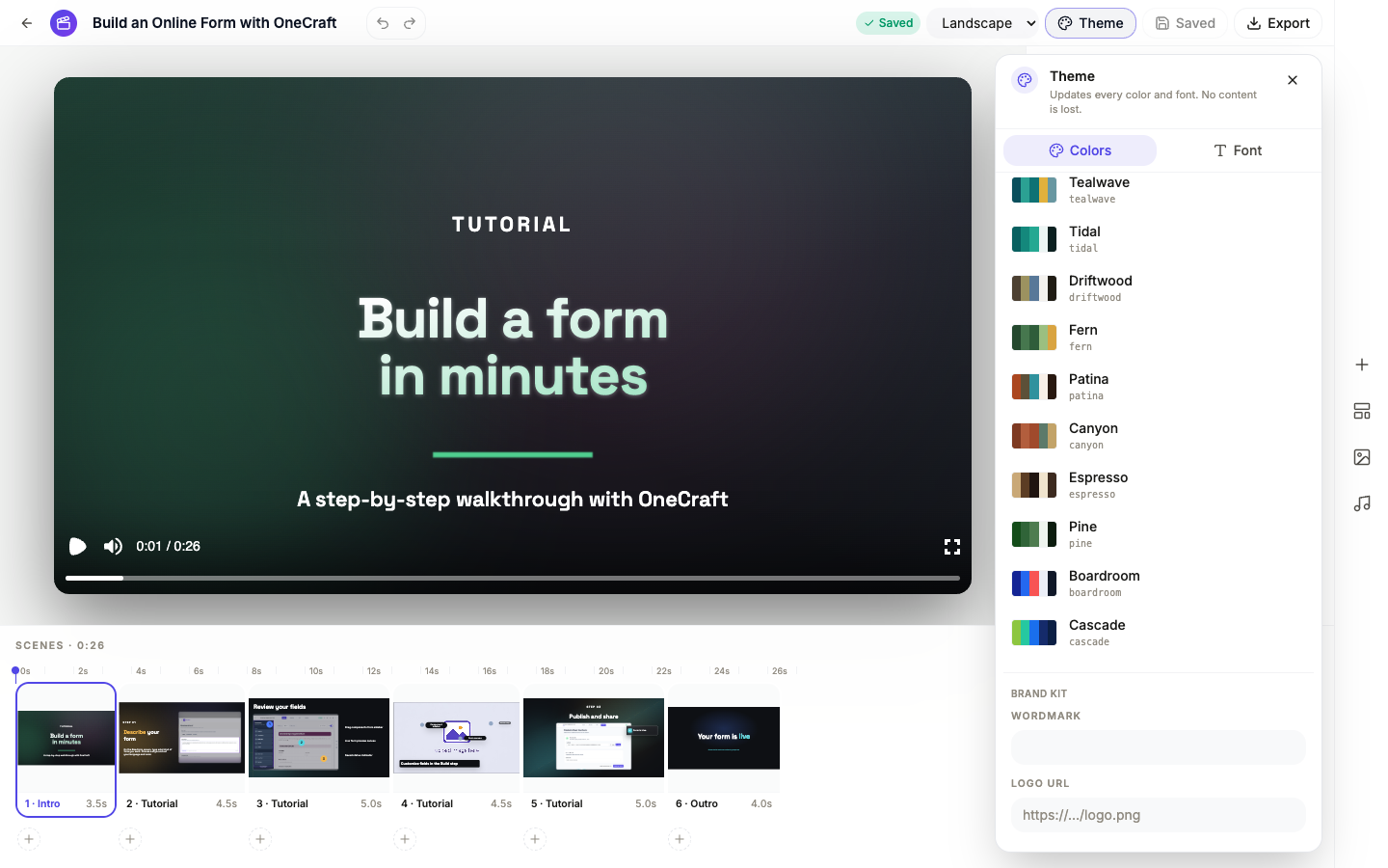The Theme panel scrolled to the Brand kit, showing the Wordmark and Logo URL fields.