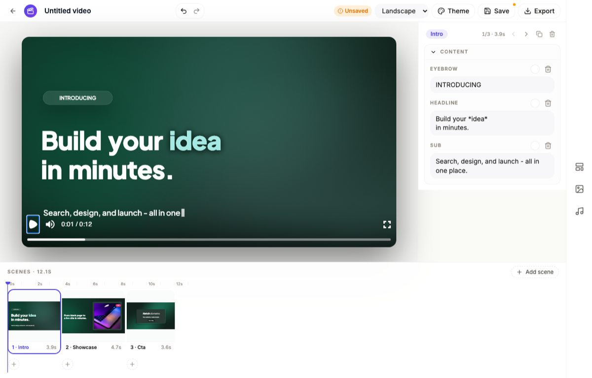 The video builder with scenes, preview and voiceover.