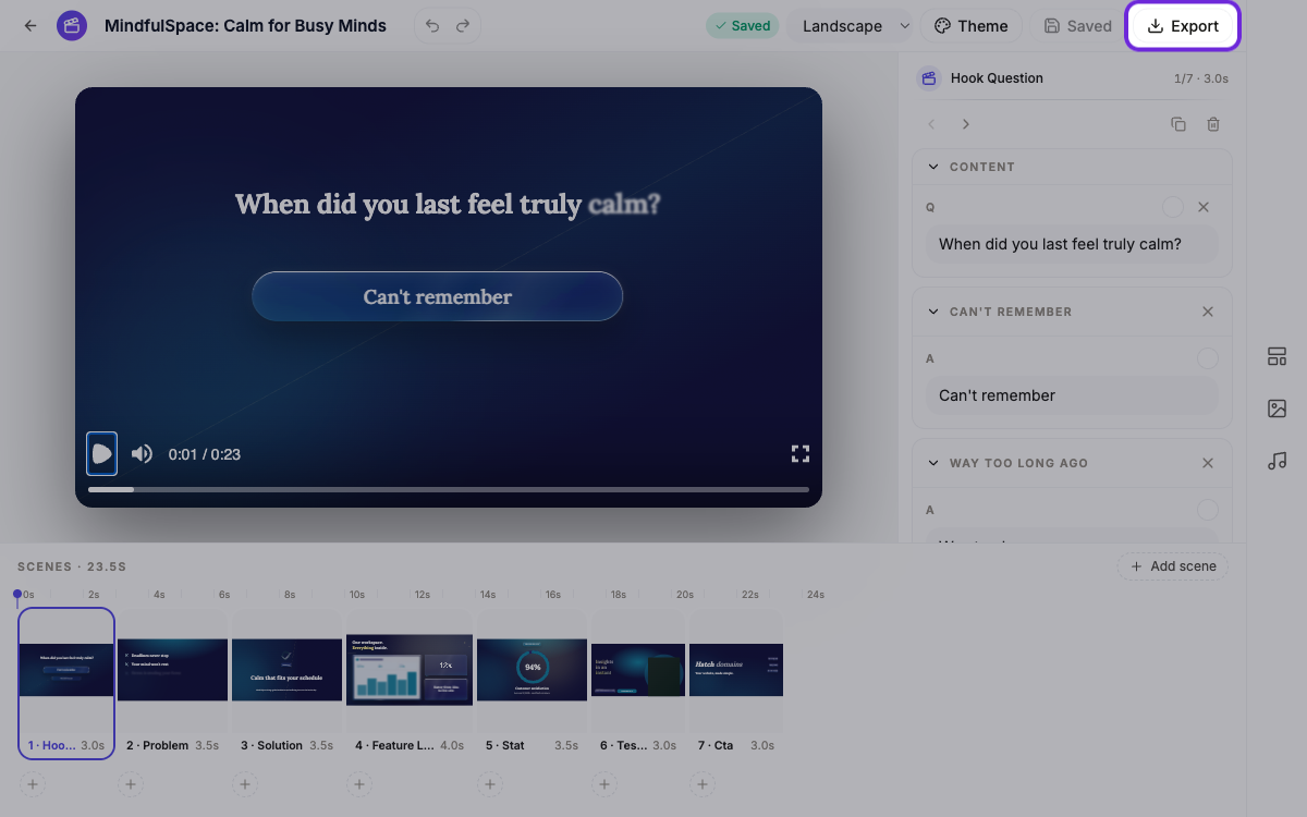 The video builder with the Export button highlighted.