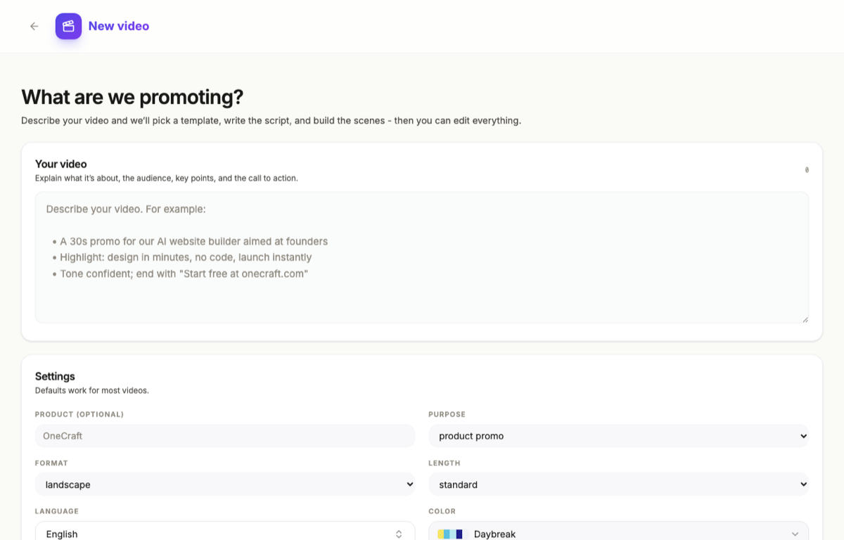 The video generator with a description and settings.