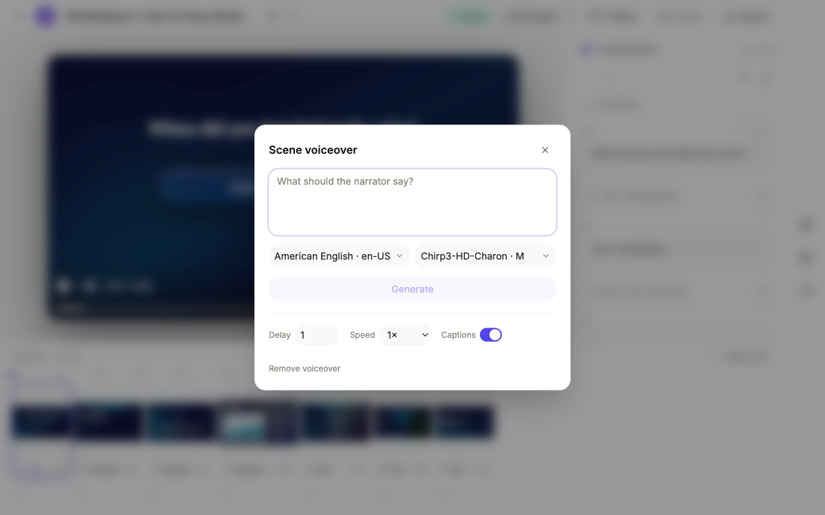 The scene voiceover dialog with the script box, language and voice pickers.