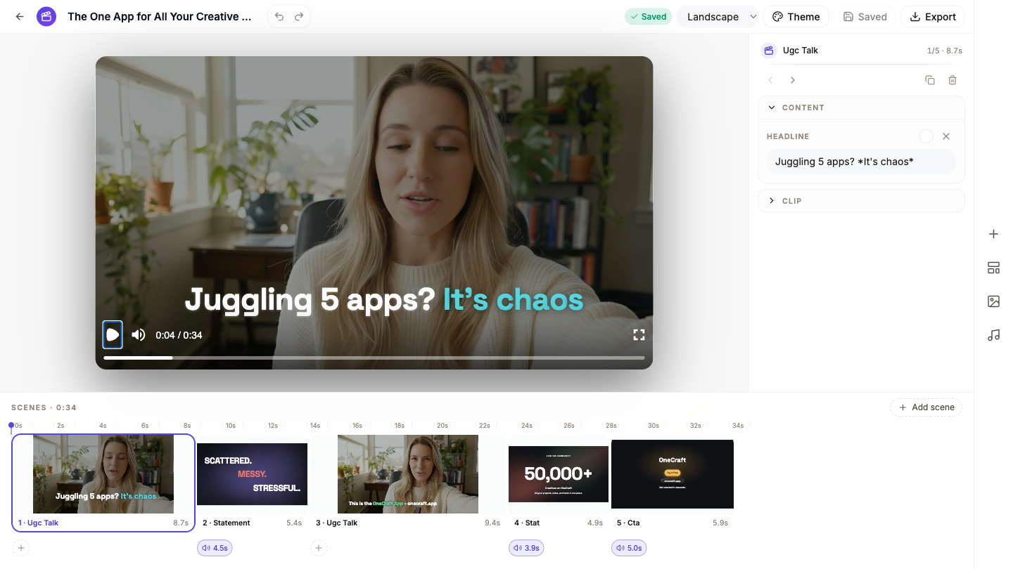 The video builder with a generated UGC video: two talking scenes, a statement, a stat and a call to action.