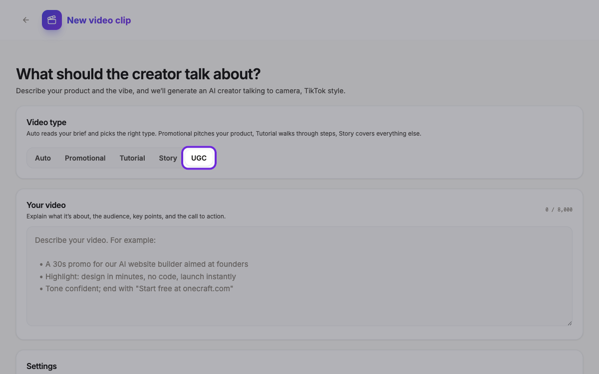 The video generator with the UGC video type selected and highlighted.