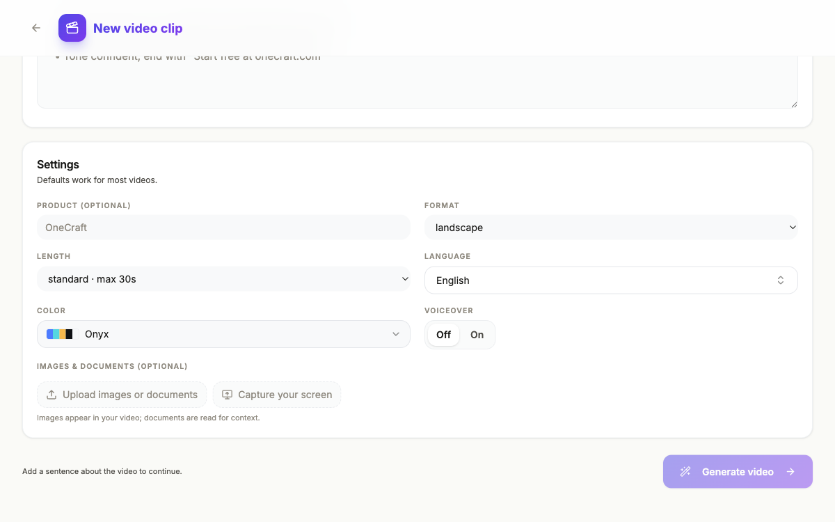 The generator settings with the UGC length options and the voiceover switch.