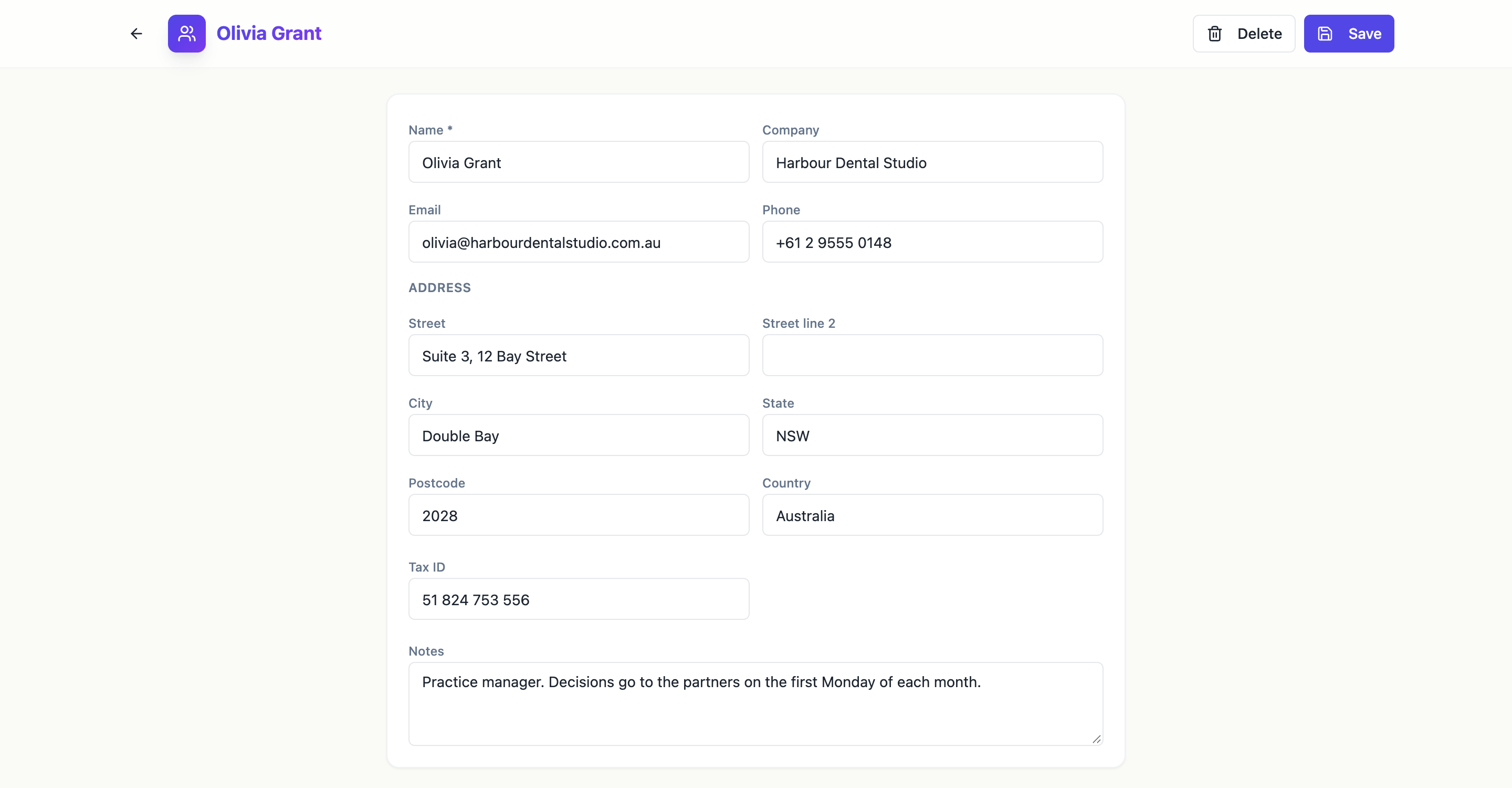 A client's page with their details and the Delete and Save buttons.