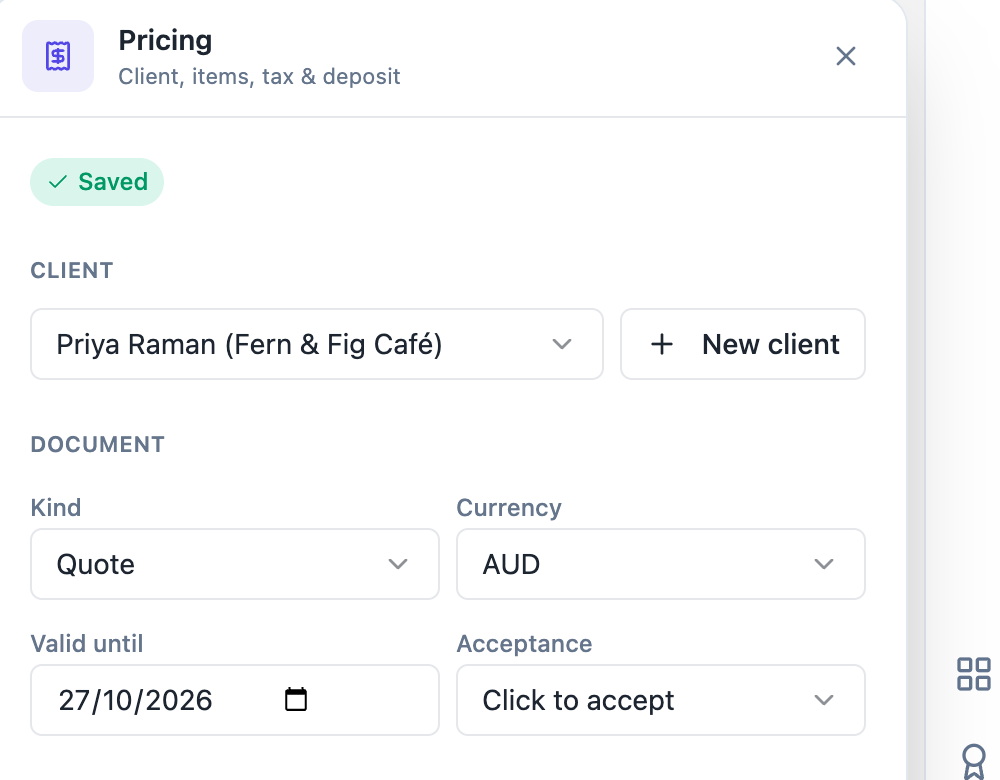 The Pricing panel in the builder with Priya Raman from Fern and Fig Café picked as the client.