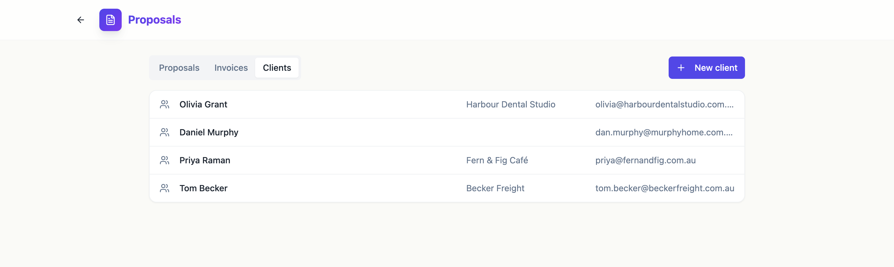 The Clients tab listing four clients with their companies and email addresses.