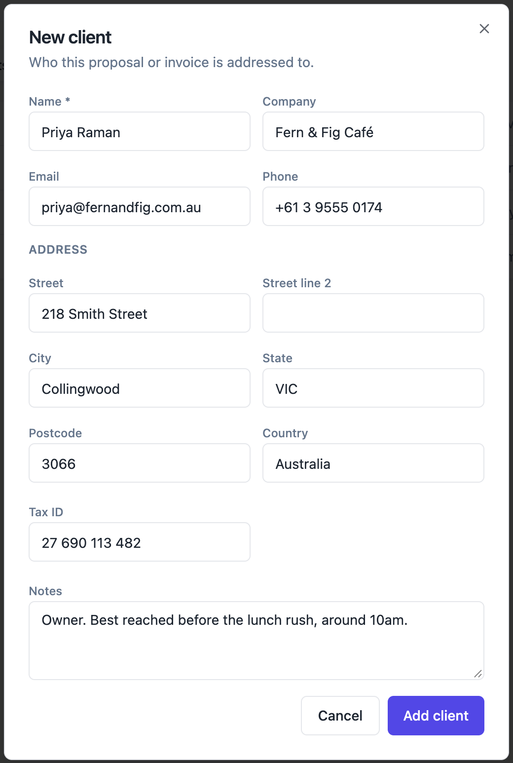 The New client form filled in for a café owner, with company, email, phone, address, tax ID and a note.