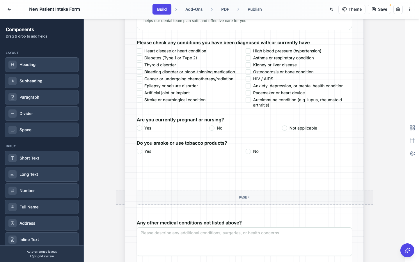 The classic builder canvas in paginated mode with a dashed PAGE 4 separator between sections.
