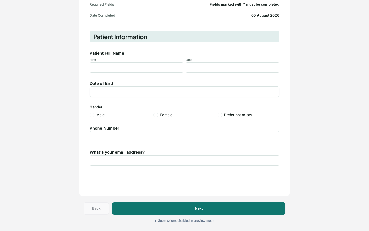 The bottom of a paginated form showing the Back and Next buttons.