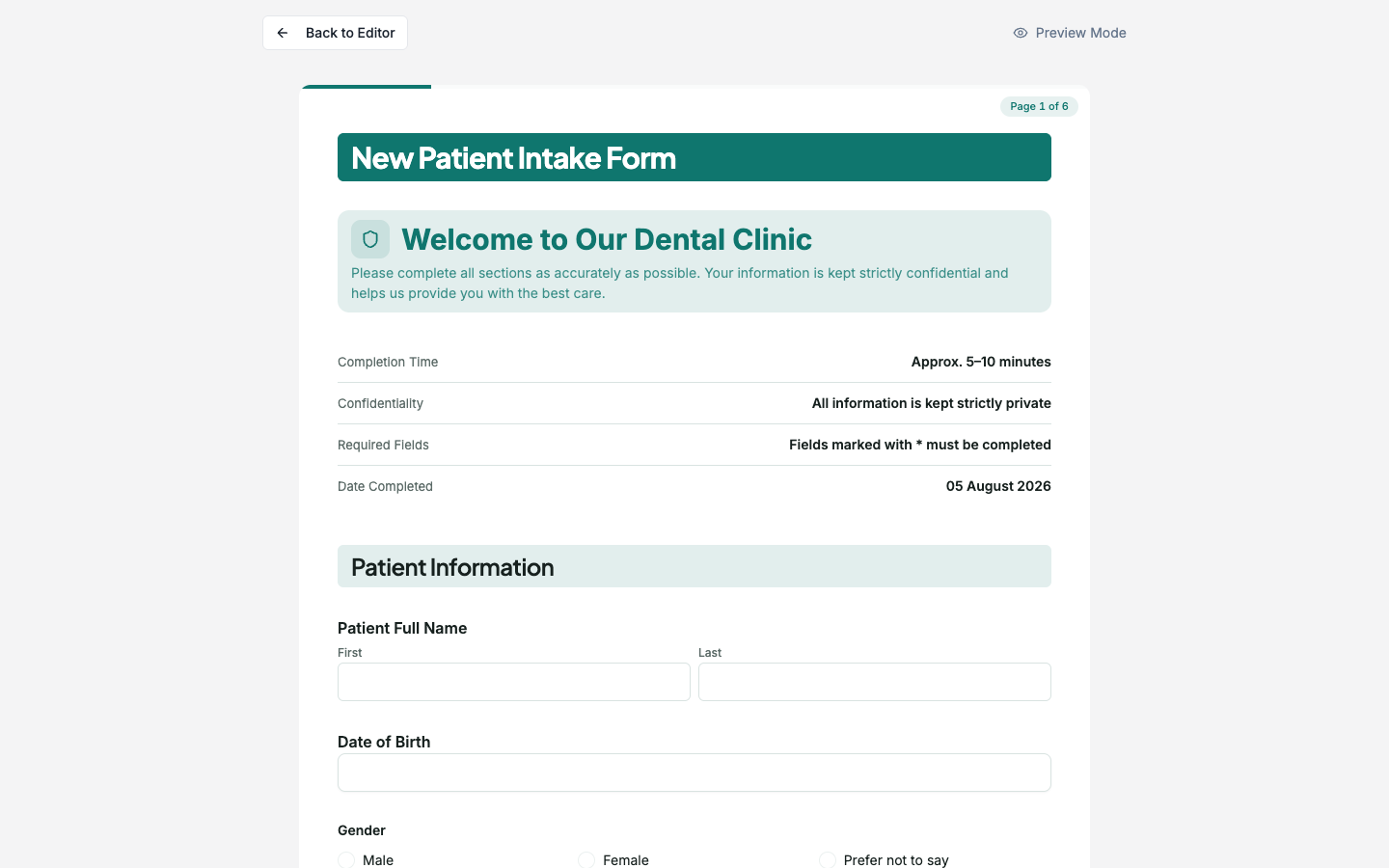 The form preview in paginated mode with the progress bar and the Page 1 of 6 pill.