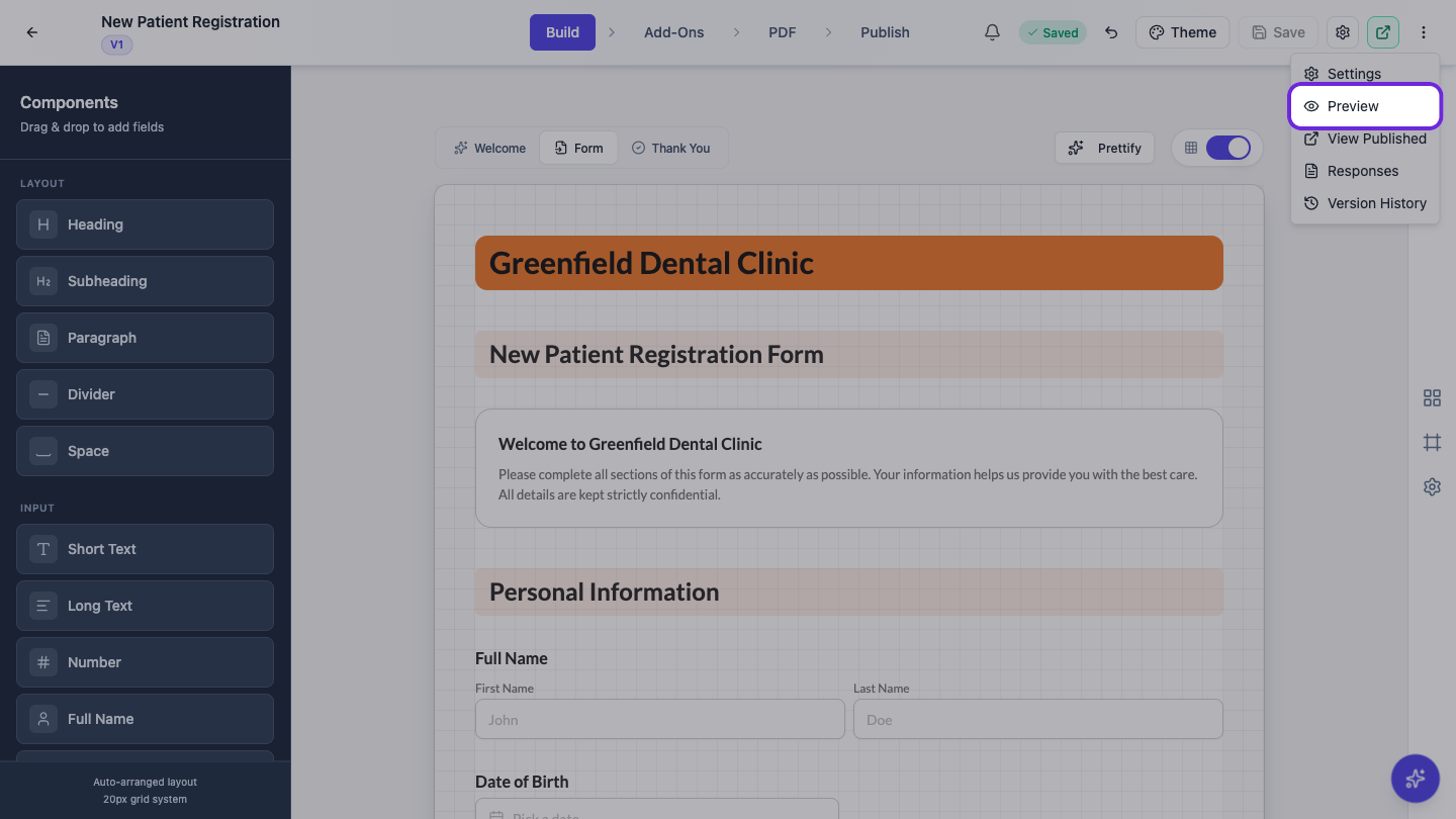 The builder overflow menu open with Preview highlighted.