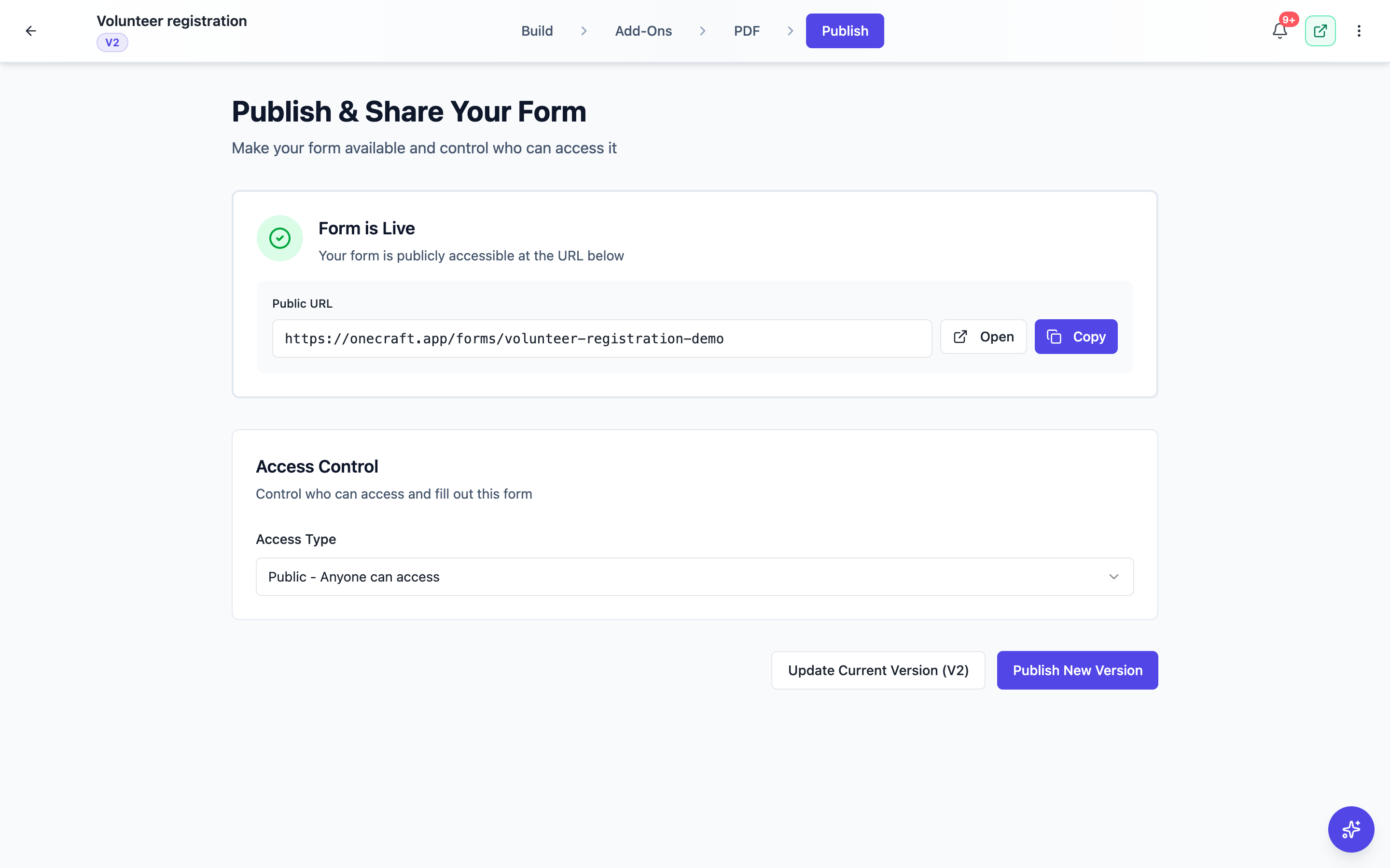 The Publish tab showing the public URL and the Update Current Version and Publish New Version buttons.